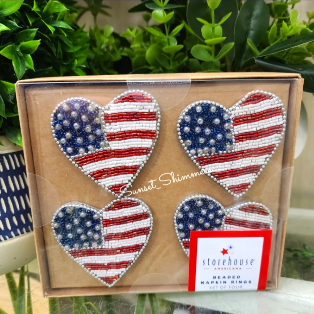 x4 July 4th Patriotic Heart Americana Beaded Napkin Rings & Table Runner Set New
